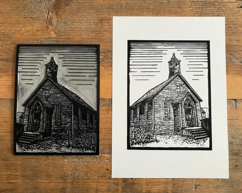 Bodie ghost town church linocut print block thumbnail