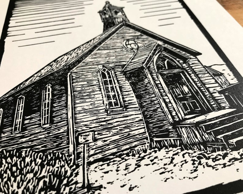 Bodie ghost town church linocut print close up thumbnail