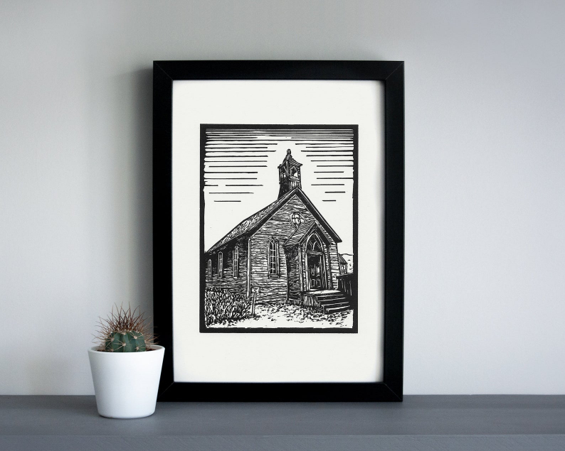 Bodie ghost town church linocut print framed