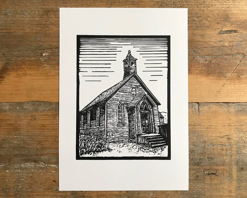 Bodie ghost town church linocut print unframed