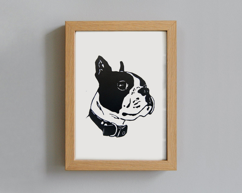 Boston terrier linocut print framed thumbnail
