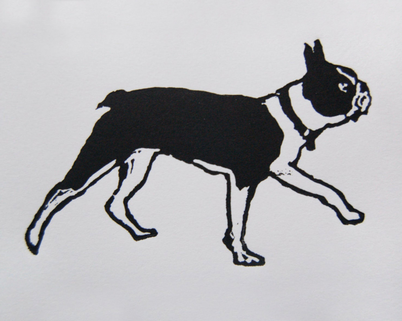 Boston terrier walking linocut print unframed thumbnail