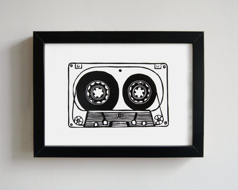 Cassette tape linocut print framed