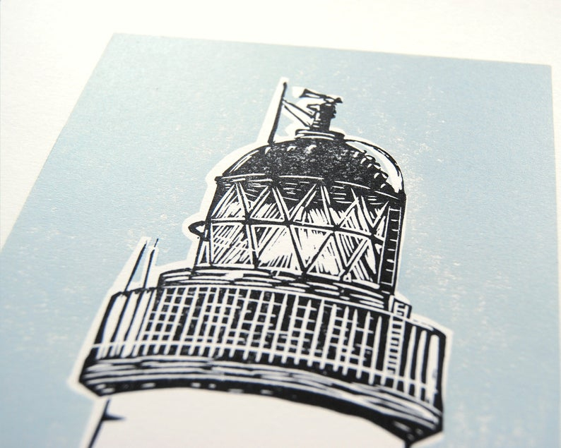 Corran lighthouse linocut print close up