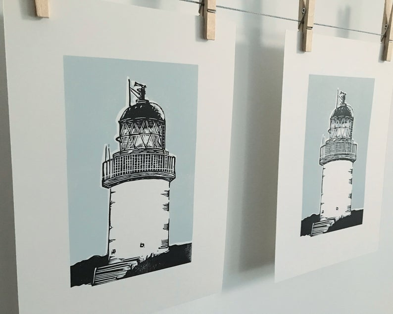 Corran lighthouse linocut print hanging