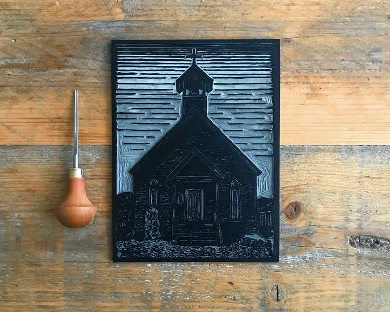 Ghost town church linocut print block