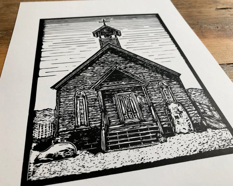 Ghost town church linocut print close up thumbnail