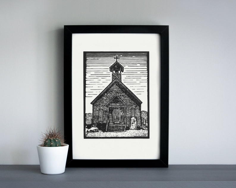 Ghost town church linocut print framed