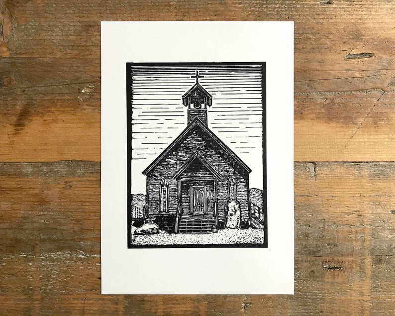 Ghost town church linocut print unframed