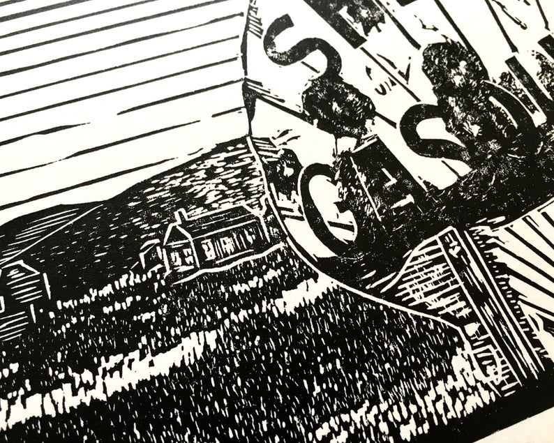 Ghost town gas sign linocut print close up