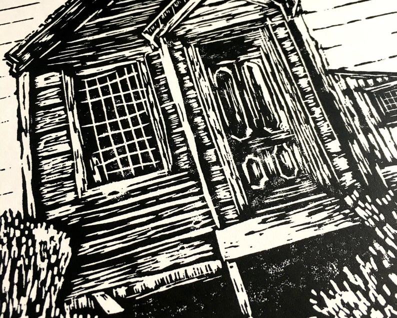 Ghost town miners house linocut print close up
