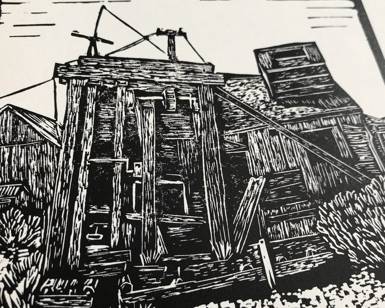 Ghost town saw mill linocut print close up