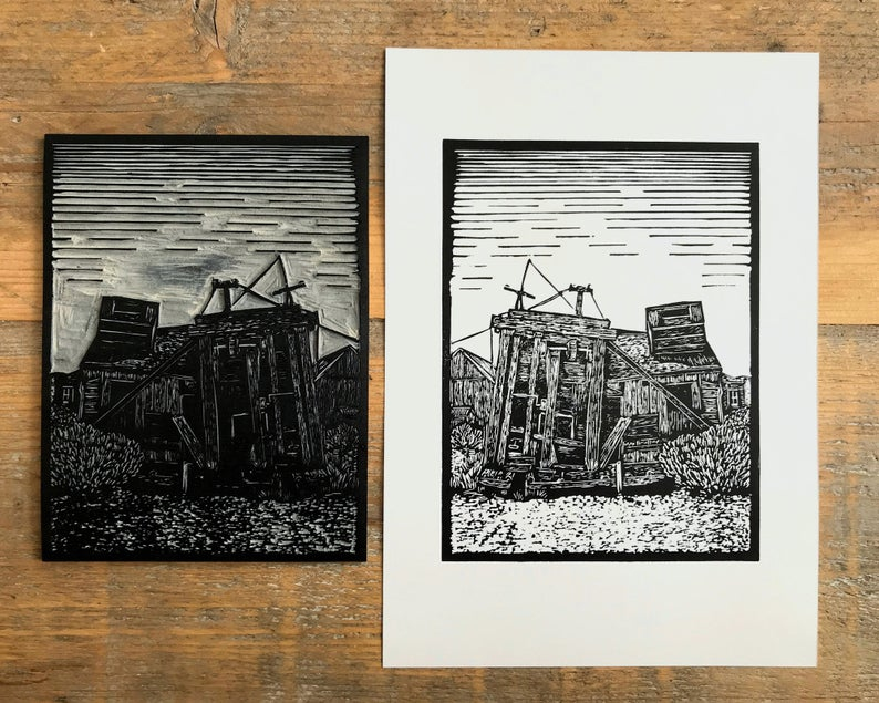 Ghost town saw mill linocut print with block thumbnail