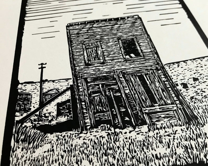 Ghost town swasey hotel linocut print close up