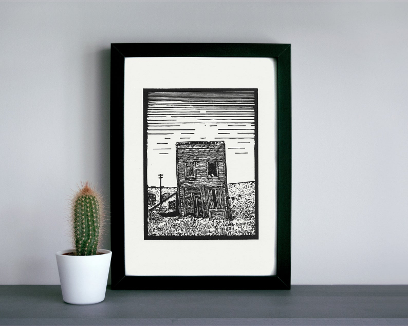 Ghost town swasey hotel linocut print framed