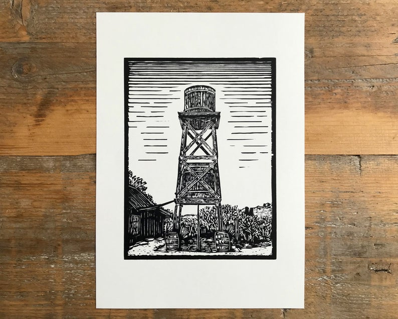 Ghost town water tower linocut print unframed thumbnail