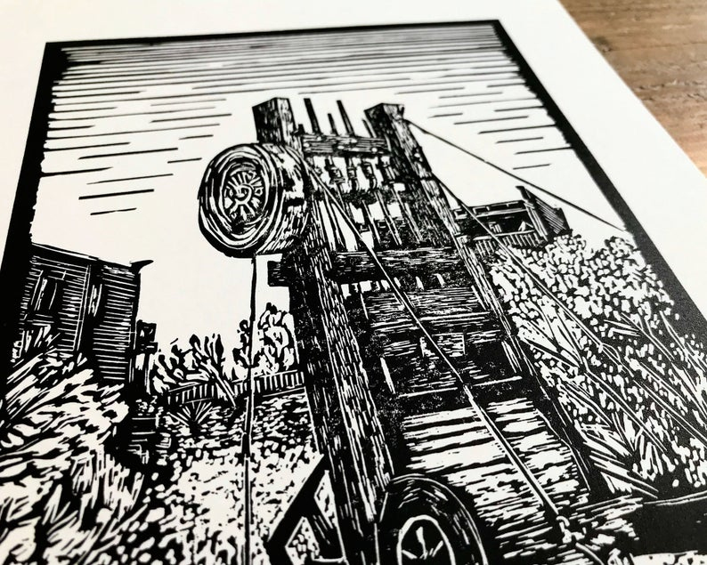 Goldfield ghost town stamp mill linocut print close up thumbnail