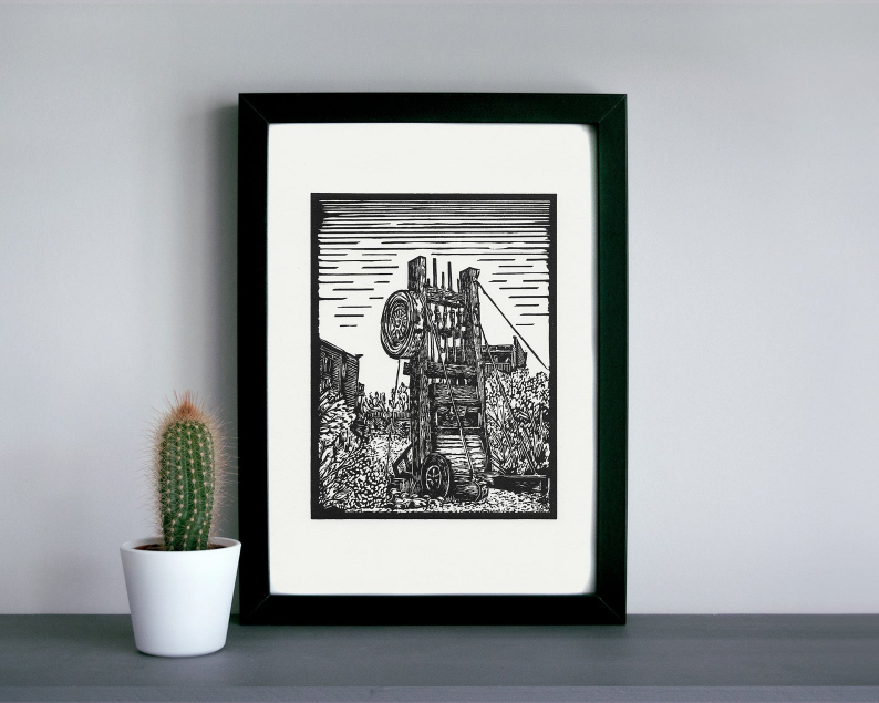 Goldfield ghost town stamp mill linocut print framed