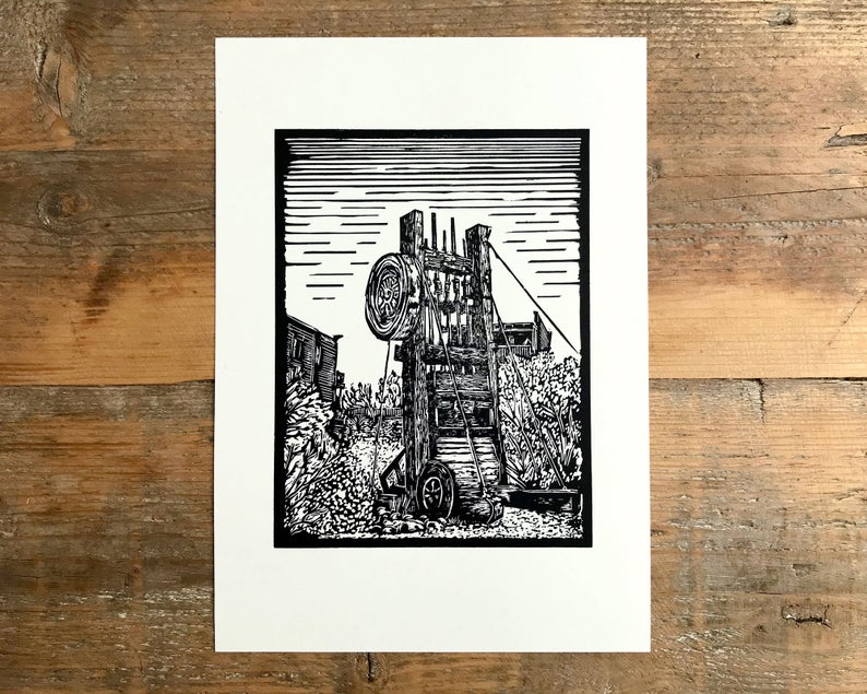 Goldfield ghost town stamp mill linocut print unframed