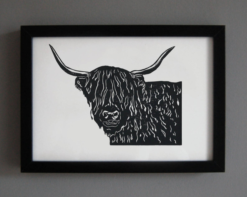 Highland cow linocut print framed