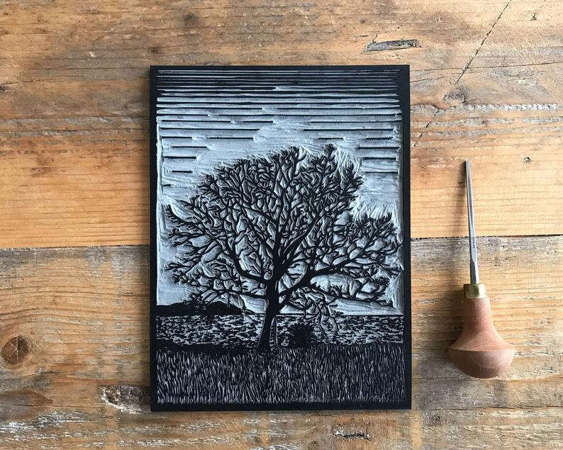 Highland tree linocut print block
