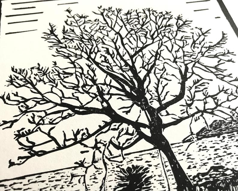 Highland tree linocut print close up