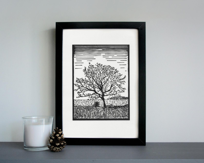 Highland tree linocut print framed
