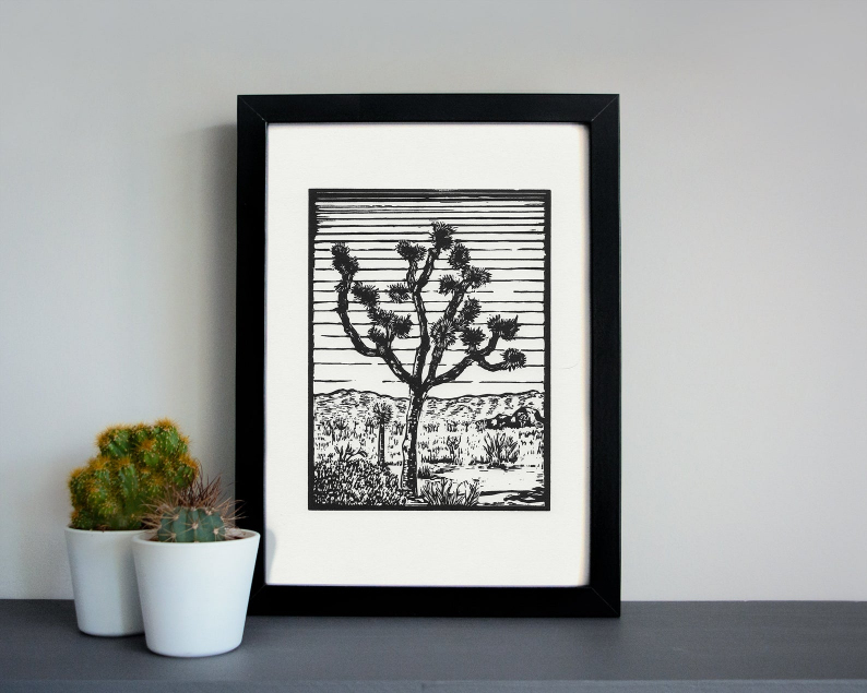 Joshua trees linocut print framed