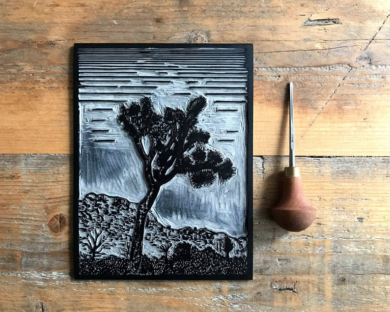 Lone joshua tree linocut print block thumbnail