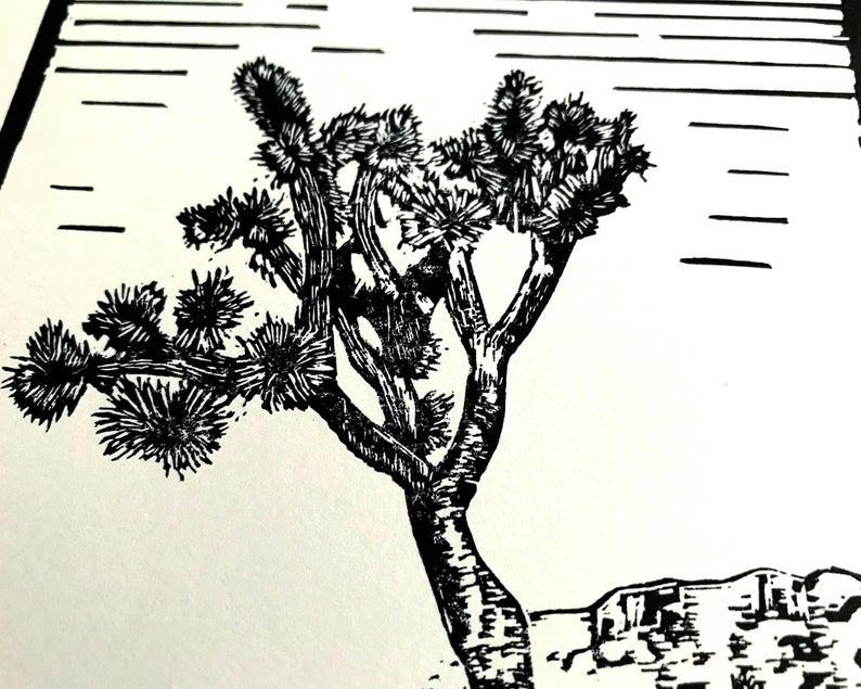 Lone joshua tree linocut print close up