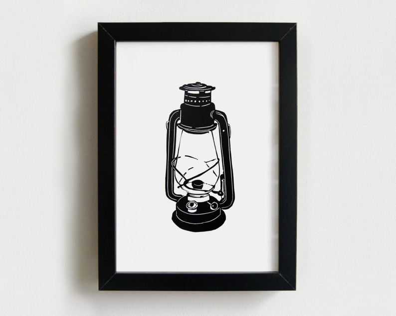 Oil lamp linocut print framed thumbnail