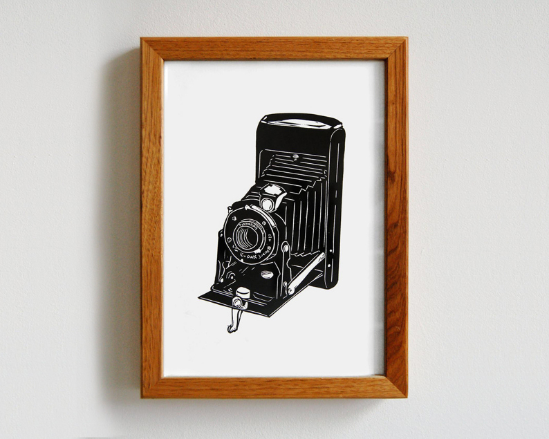 Old kodak camera linocut print framed