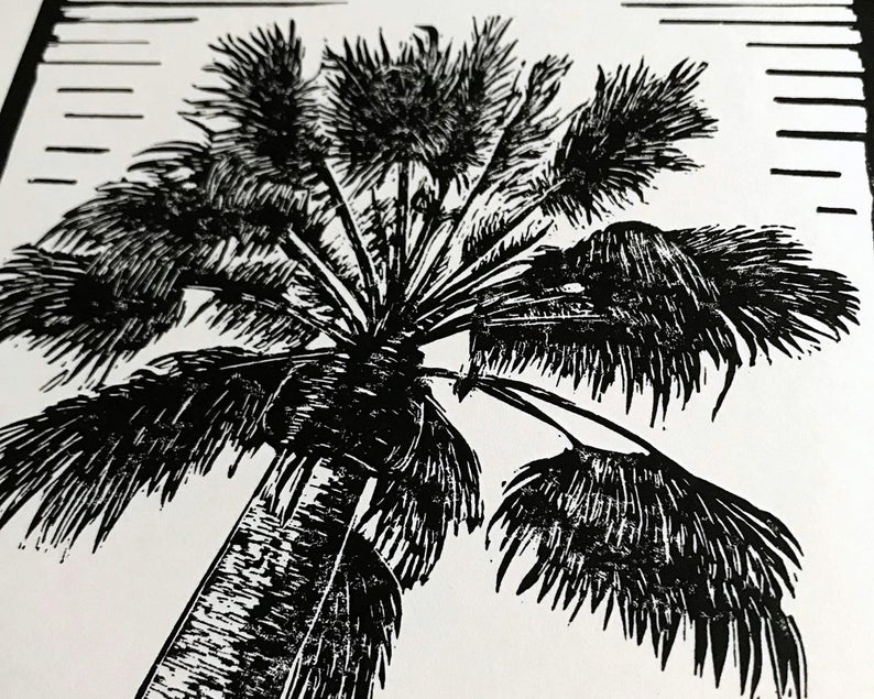 Palm tree linocut print close up thumbnail