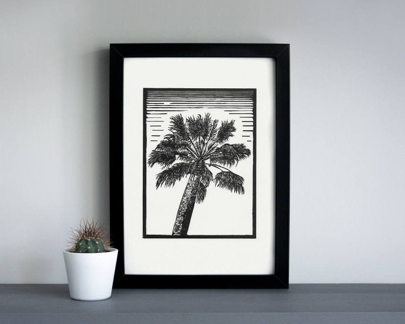 Palm tree linocut print framed