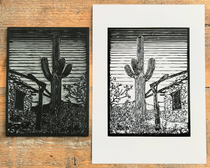 Saguaro linocut print block thumbnail