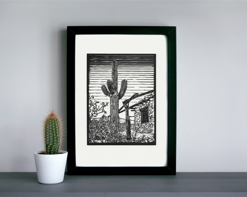 Saguaro linocut print framed