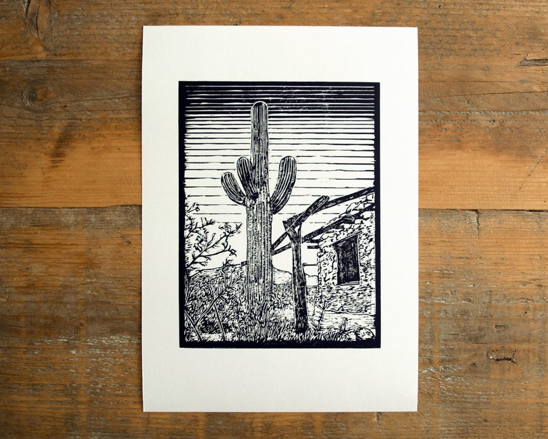 Saguaro linocut print unframed