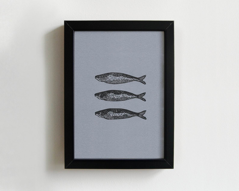 Shimmering sardines linocut print framed thumbnail