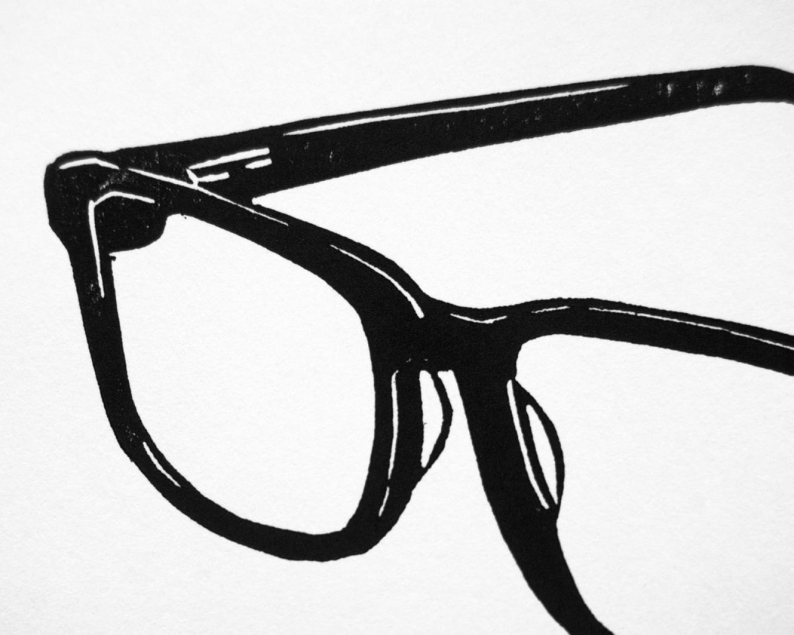 Spectacles linocut print close up