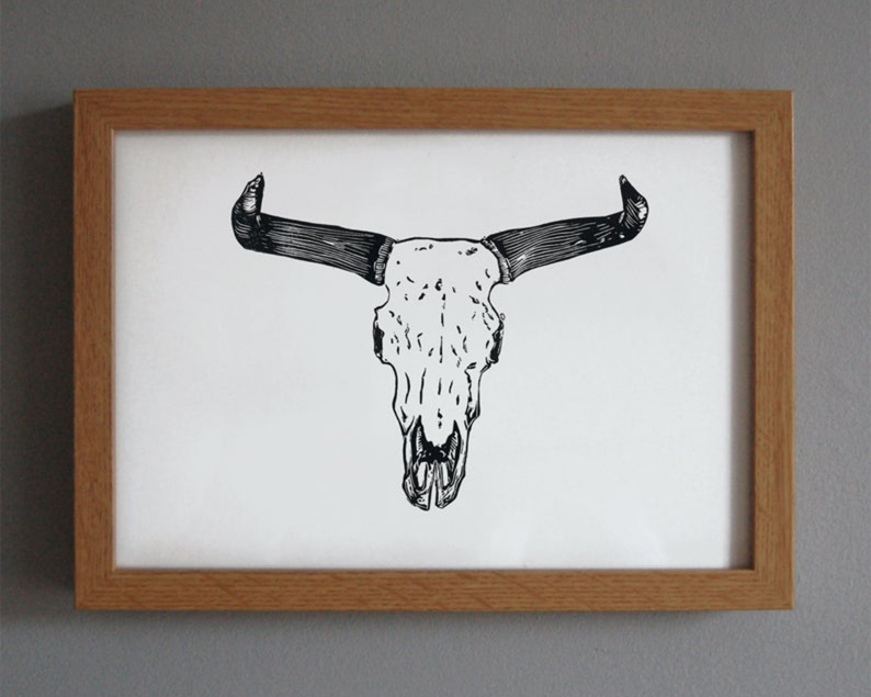 Steer skull linocut framed