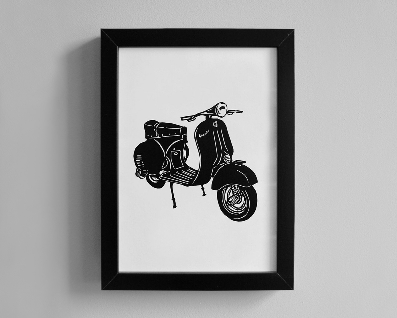 Vespa scooter linocut print framed thumbnail