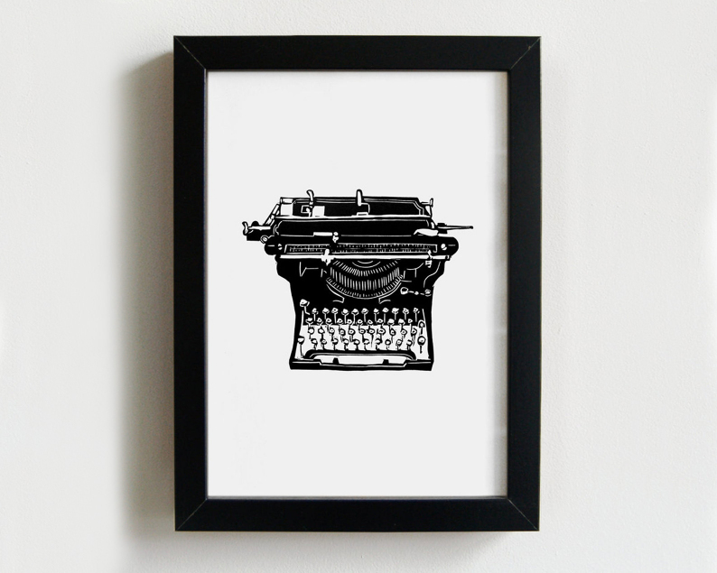 Vintage typewriter linocut print framed thumbnail