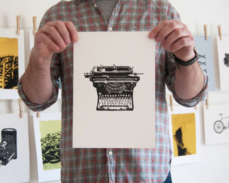 Vintage typewriter linocut print in studio thumbnail