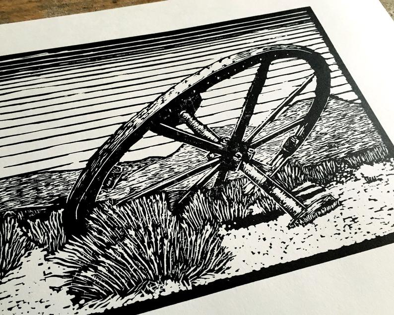 Wagon wheel linocut print close up