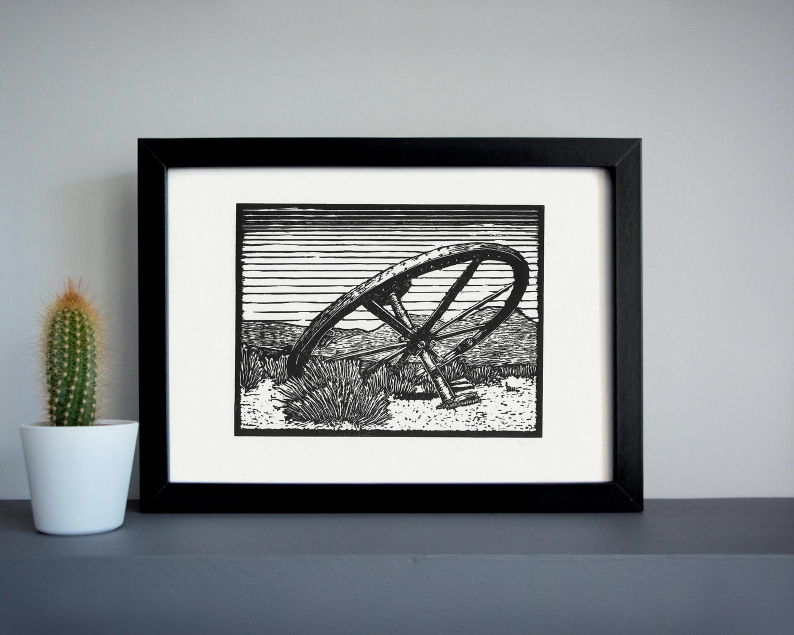 Wagon wheel linocut print framed