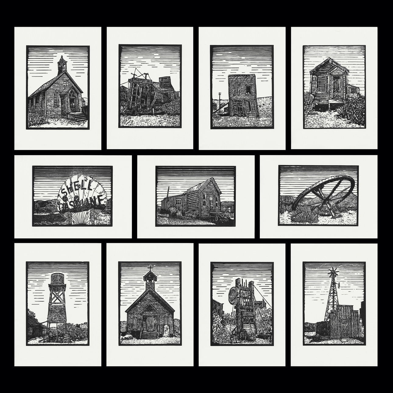 The Inkery's ghost town linocut print series