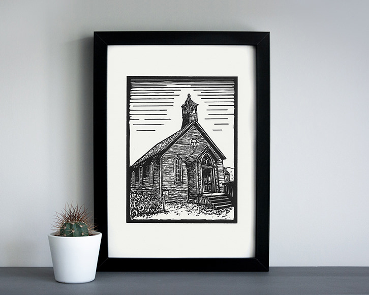 Bodie ghost town church linocut print