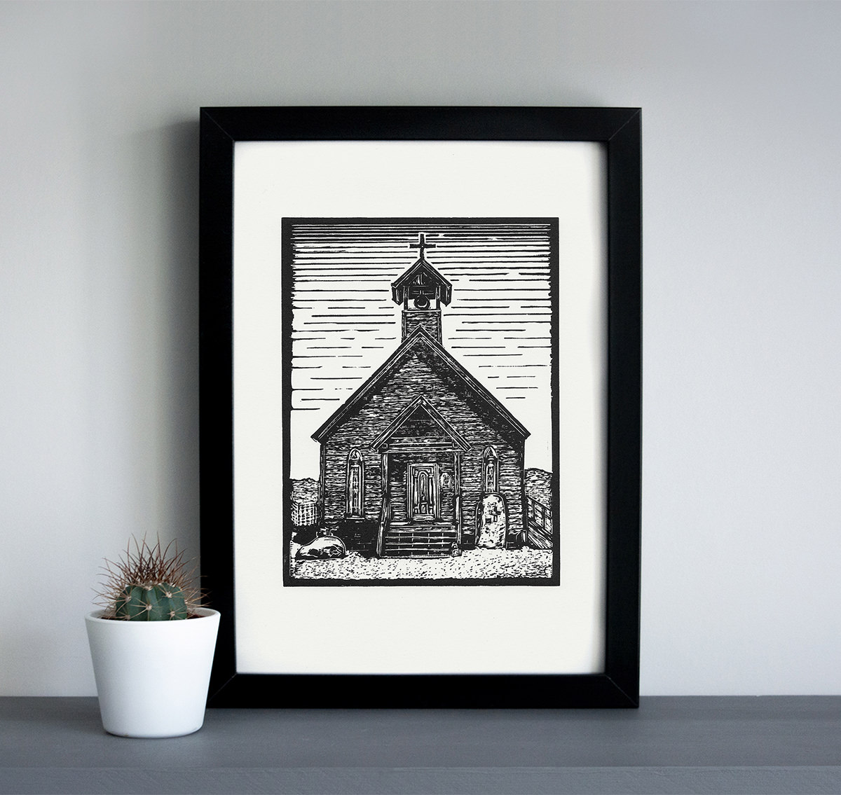 Bodie ghost town church linocut art print