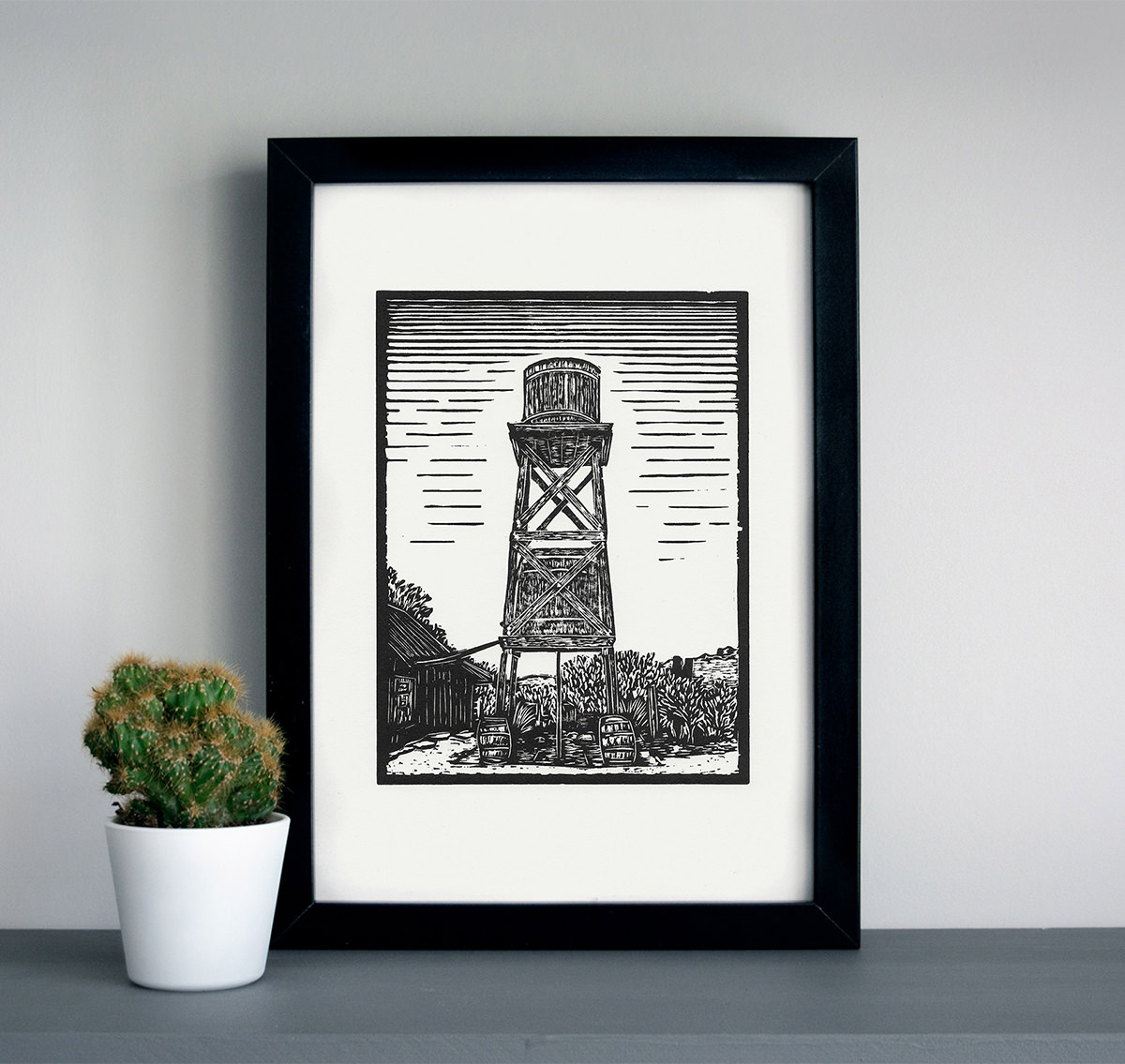 Bodie ghost town water tower linocut art print