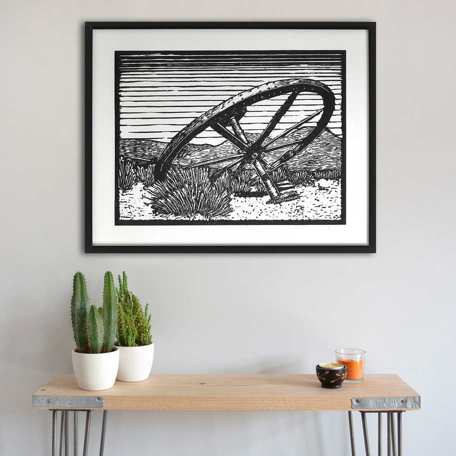 Large giclee print of ghost town wagon wheel